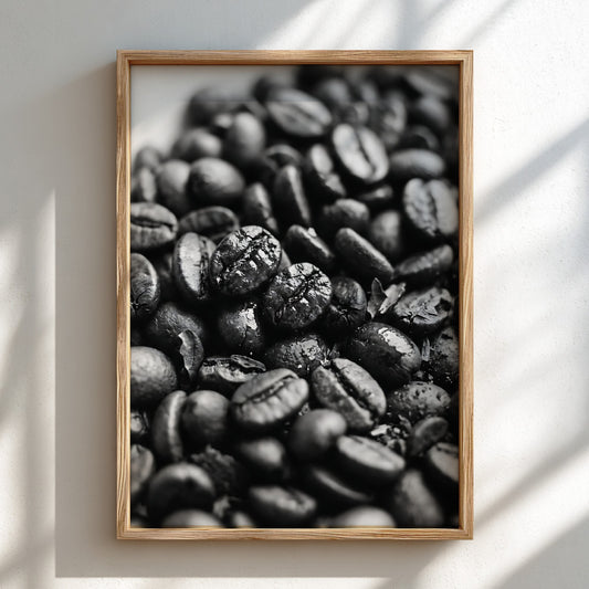Poster of roasted coffee beans close-up macro photo in black and white with detailed texture