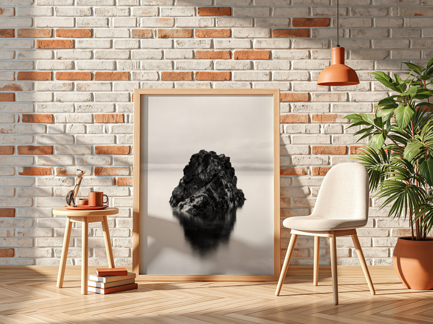minimalist wall decor of rock formation in still water black and white photography