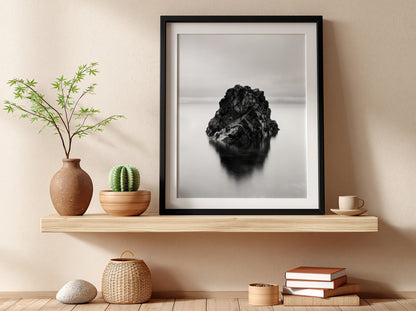 minimalist wall decor of rock formation in still water black and white photography