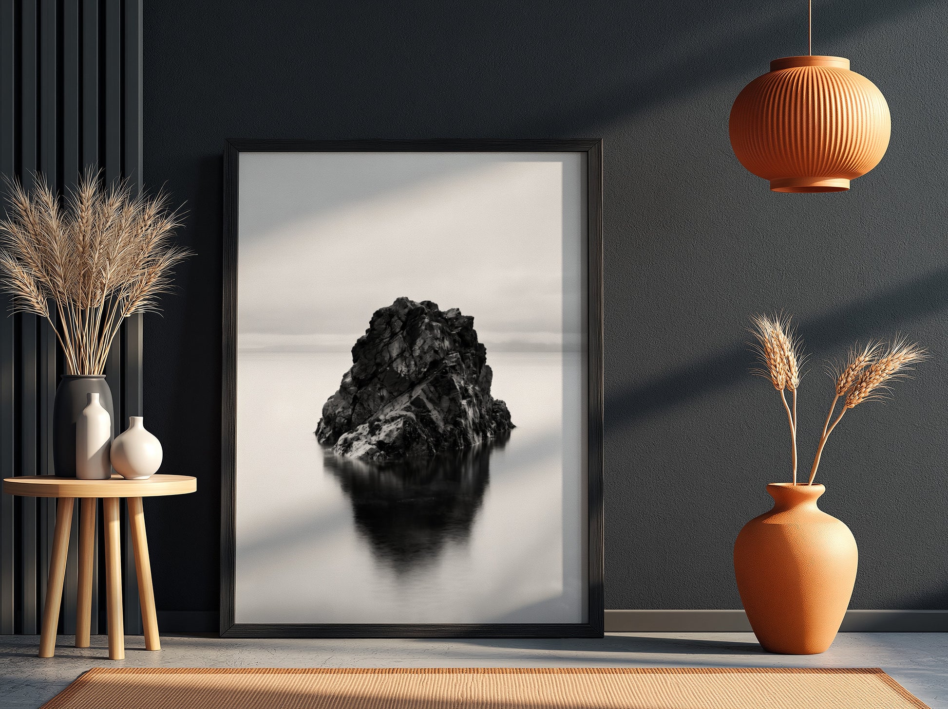 minimalist wall decor of rock formation in still water black and white photography