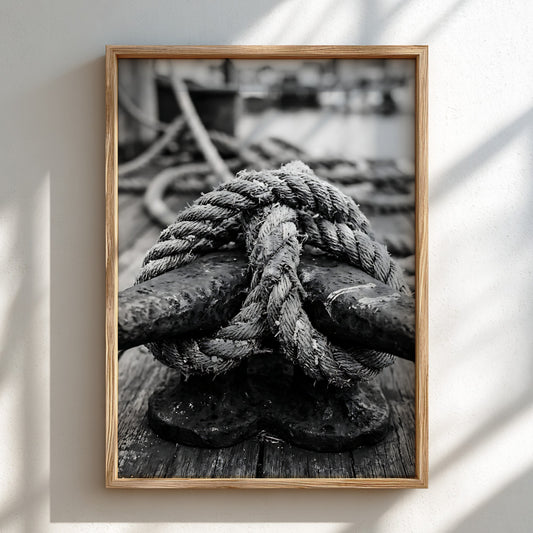 Nautical wall decor showing black and white close-up of rope tied around weathered deck cleat on wooden