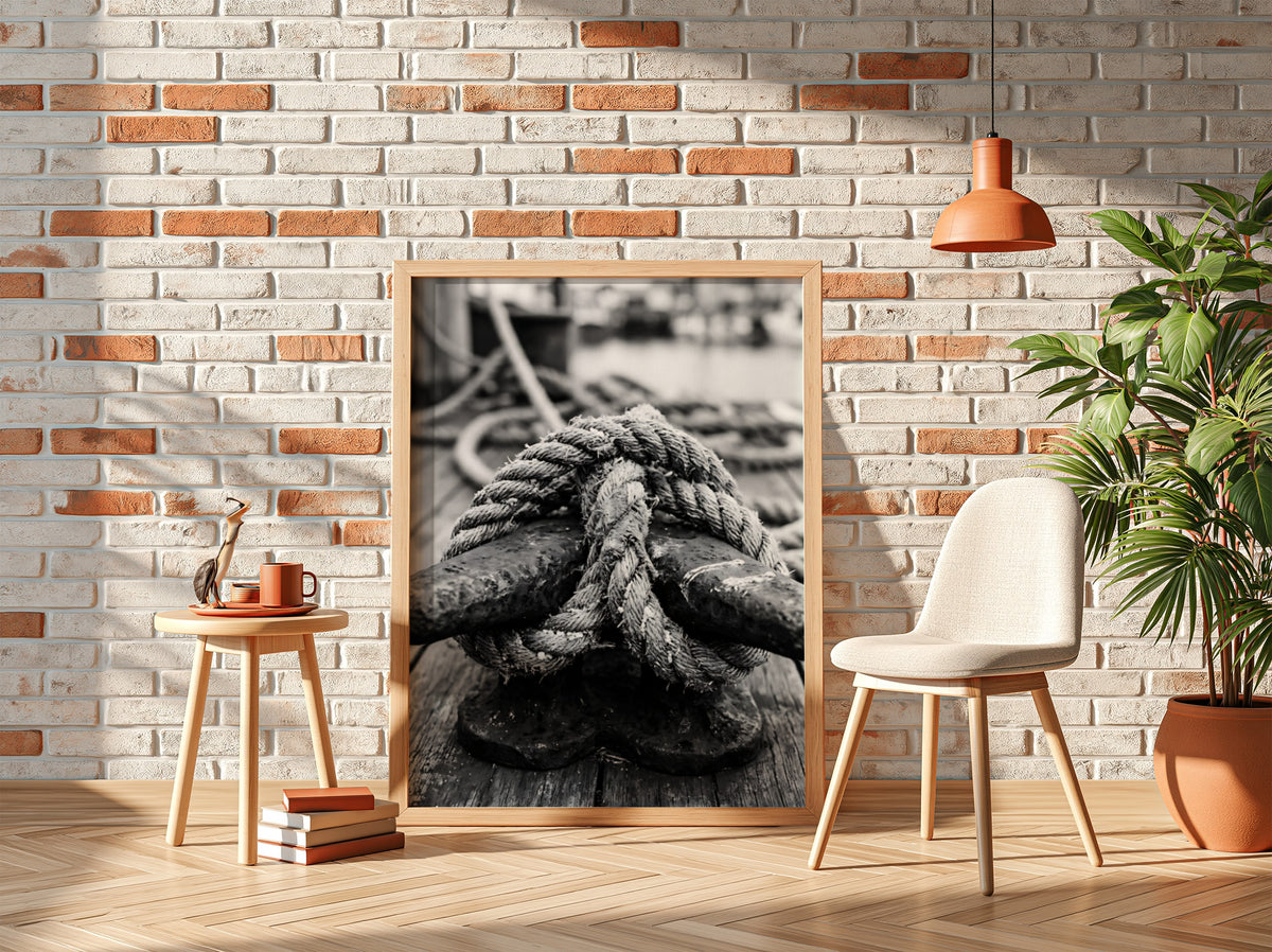 Nautical wall decor showing black and white close-up of rope tied around weathered deck cleat on wooden