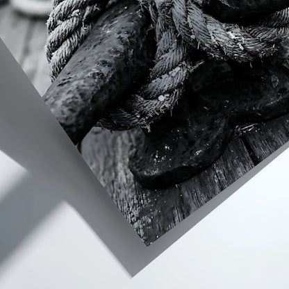 Nautical wall decor showing black and white close-up of rope tied around weathered deck cleat on wooden