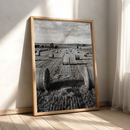 Black and white poster of round hay bales scattered across a textured rural field under cloudy sky