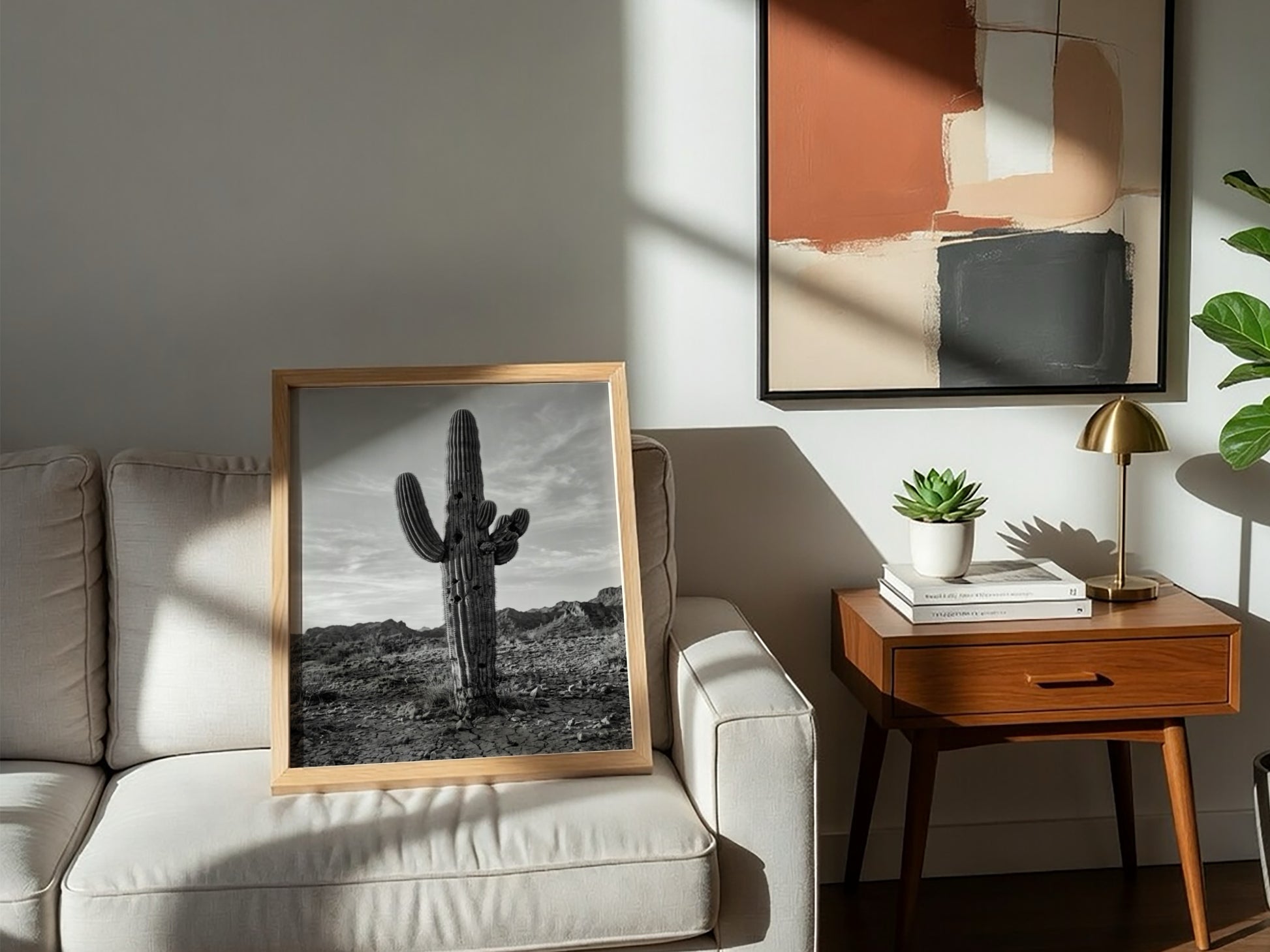 Poster of a monochrome saguaro cactus in desert with rocky ground and cloudy sky