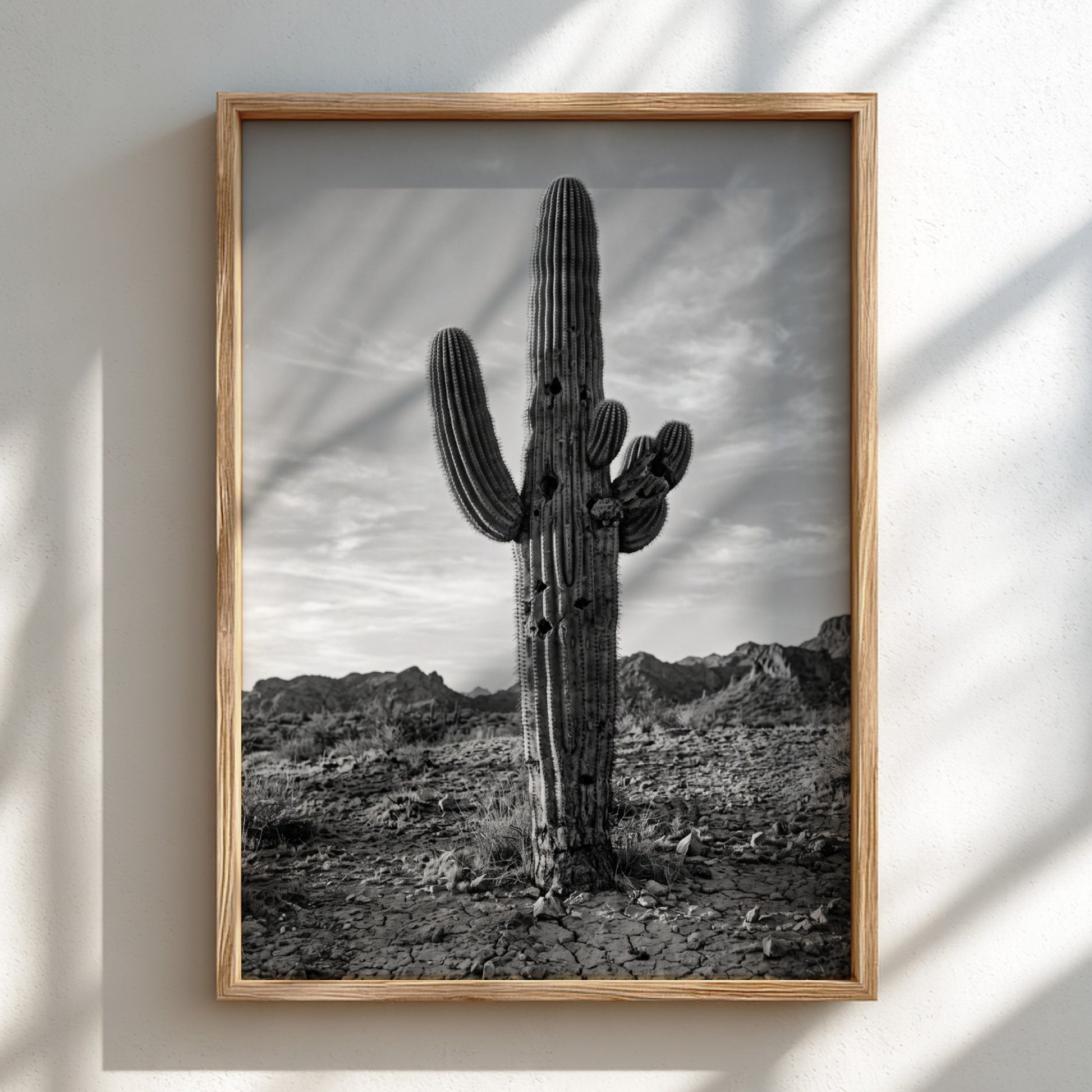 Poster of a monochrome saguaro cactus in desert with rocky ground and cloudy sky