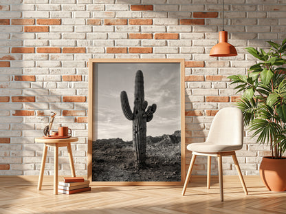 Poster of a monochrome saguaro cactus in desert with rocky ground and cloudy sky