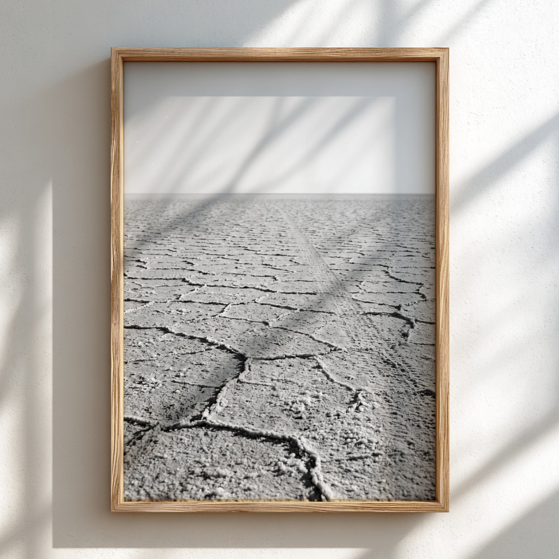 black and white wall decor of salt flat with cracked ground stretching to horizon in minimalist style