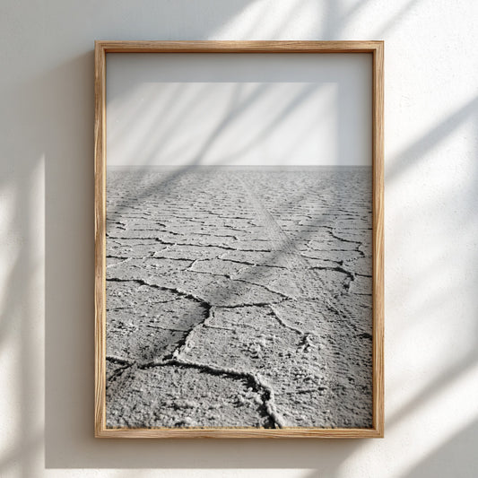 black and white wall decor of salt flat with cracked ground stretching to horizon in minimalist style