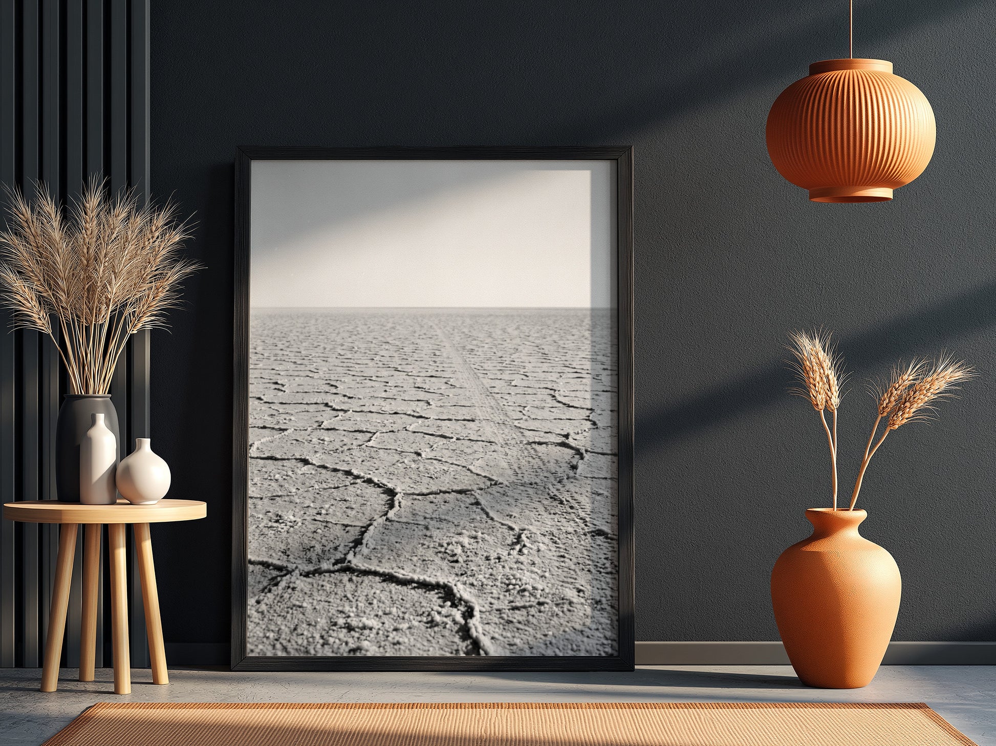 black and white wall decor of salt flat with cracked ground stretching to horizon in minimalist style
