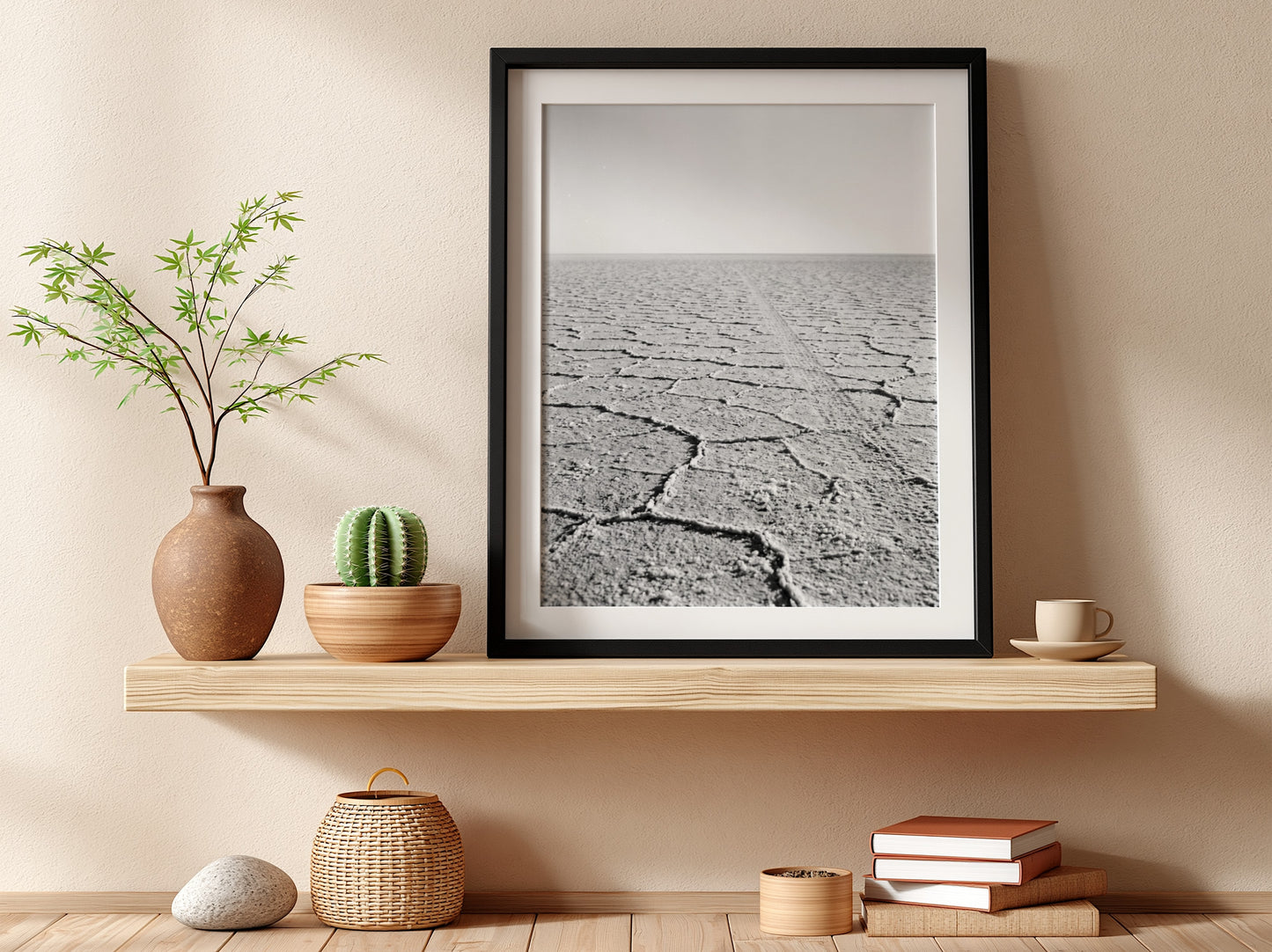 black and white wall decor of salt flat with cracked ground stretching to horizon in minimalist style