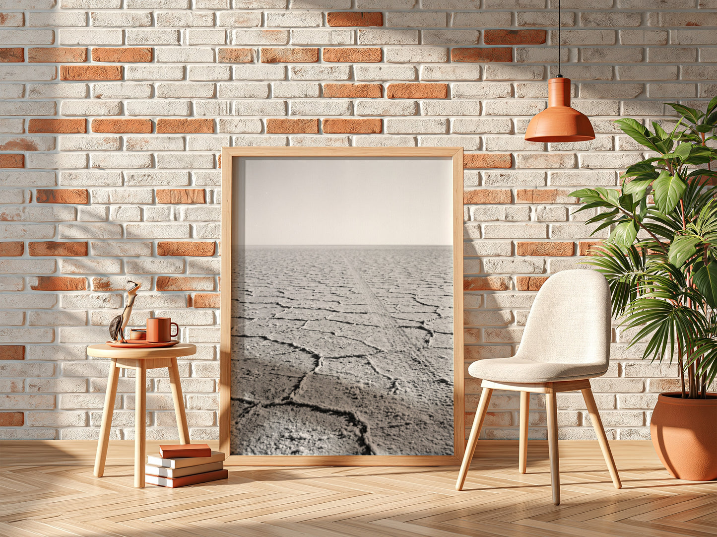 black and white wall decor of salt flat with cracked ground stretching to horizon in minimalist style