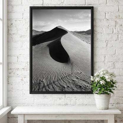 Sand dune ridge at sunrise poster with monochrome black and white desert landscape and textured rippled sand