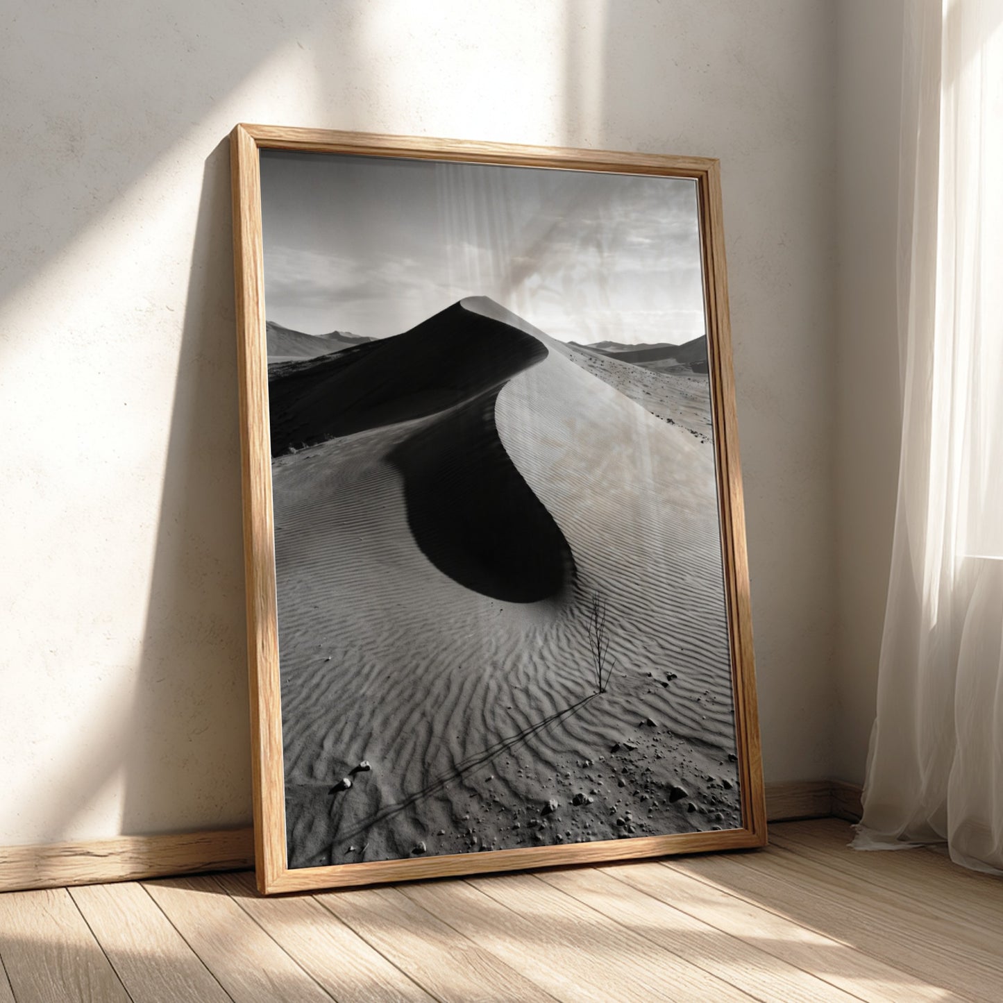 Sand dune ridge at sunrise poster with monochrome black and white desert landscape and textured rippled sand