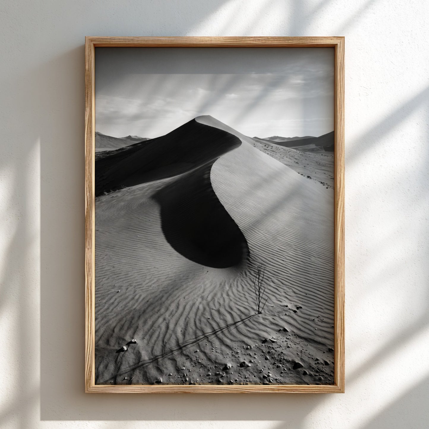 Sand dune ridge at sunrise poster with monochrome black and white desert landscape and textured rippled sand