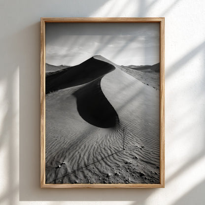 Sand dune ridge at sunrise poster with monochrome black and white desert landscape and textured rippled sand