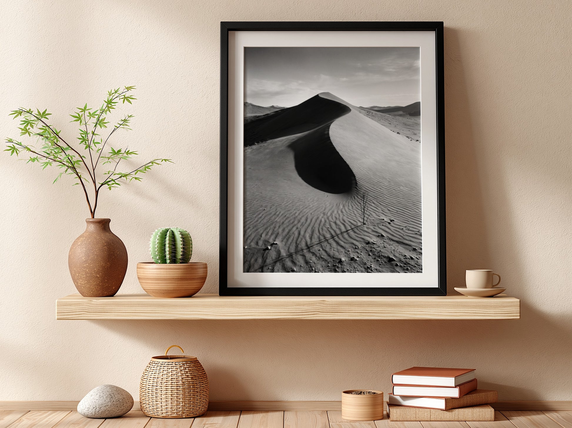 Sand dune ridge at sunrise poster with monochrome black and white desert landscape and textured rippled sand