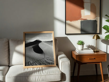 Sand dune ridge at sunrise poster with monochrome black and white desert landscape and textured rippled sand