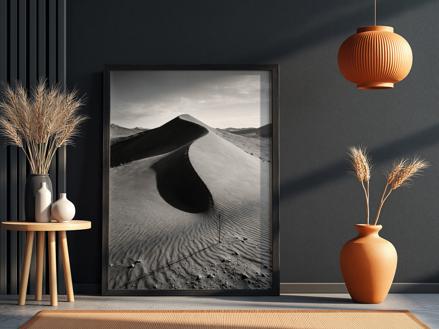 Sand dune ridge at sunrise poster with monochrome black and white desert landscape and textured rippled sand