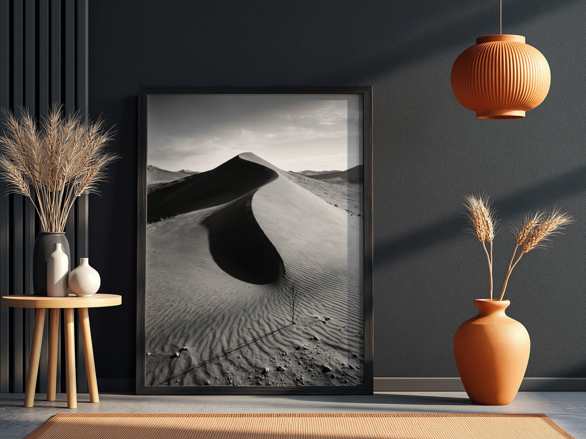 Sand dune ridge at sunrise poster with monochrome black and white desert landscape and textured rippled sand