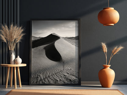 Sand dune ridge at sunrise poster with monochrome black and white desert landscape and textured rippled sand