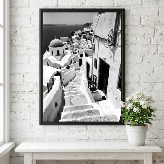 Black and white photography poster showing Santorini steps with white buildings and domed church
