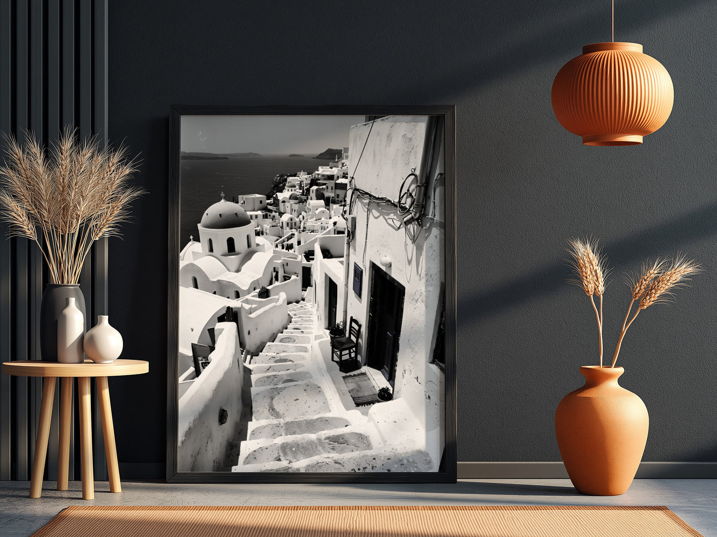 Black and white photography poster showing Santorini steps with white buildings and domed church
