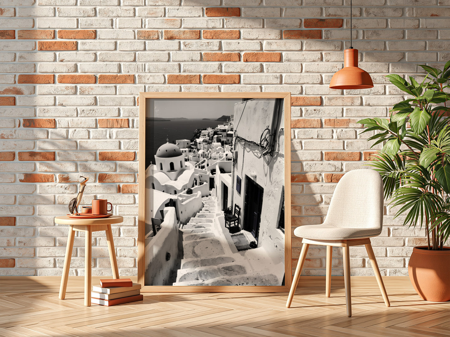 Black and white photography poster showing Santorini steps with white buildings and domed church