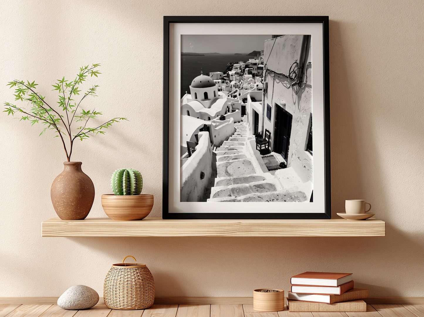 Black and white photography poster showing Santorini steps with white buildings and domed church