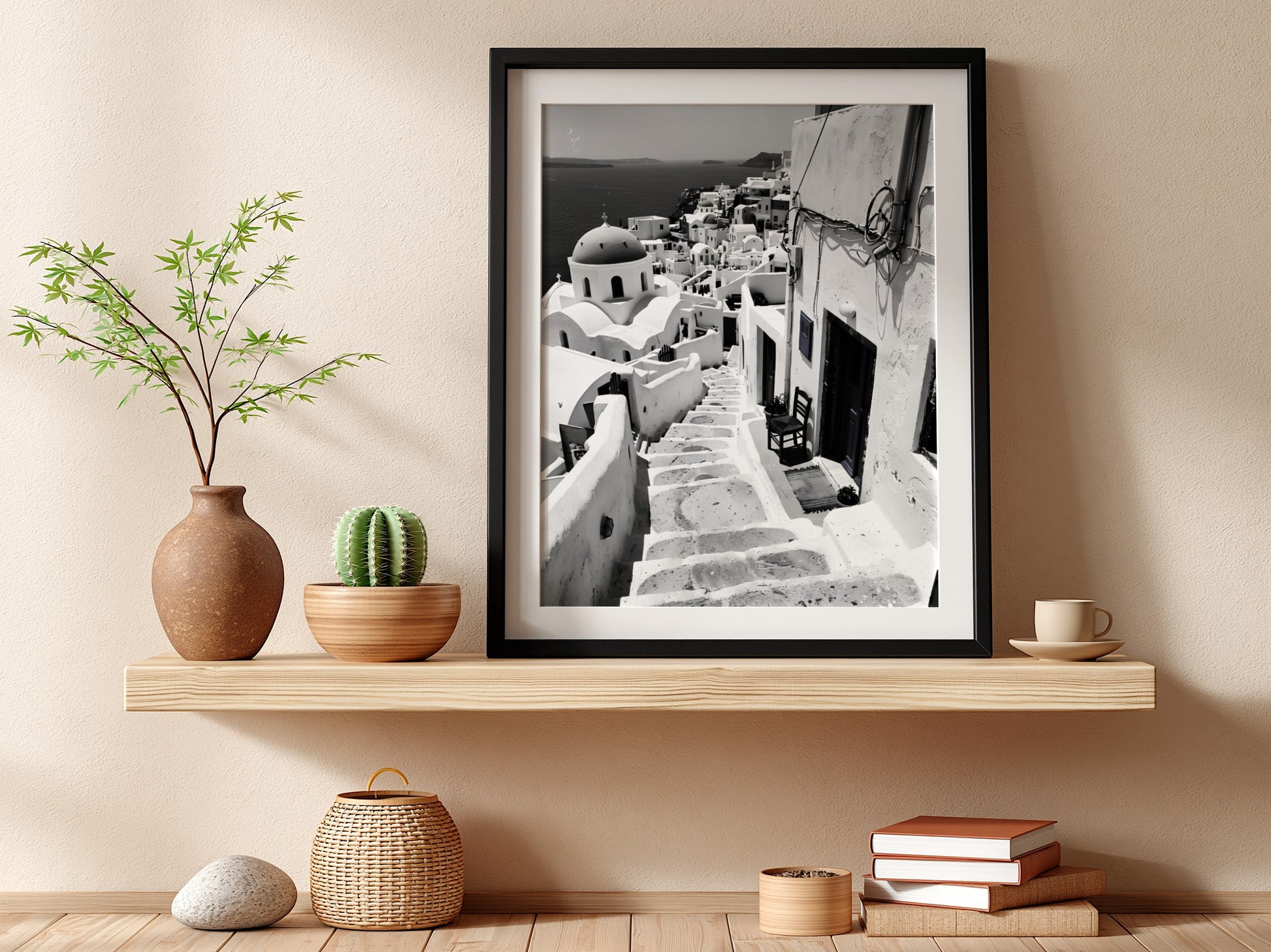 Black and white photography poster showing Santorini steps with white buildings and domed church