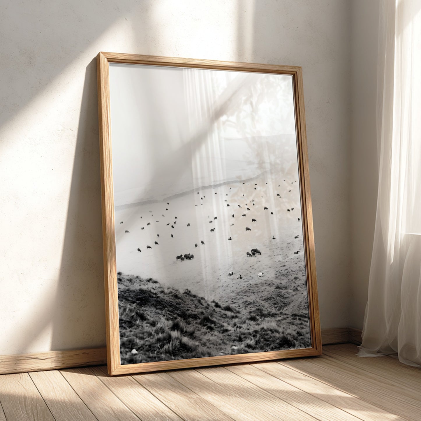 Wall decor black and white photo of sheep grazing on foggy misty hillside landscape