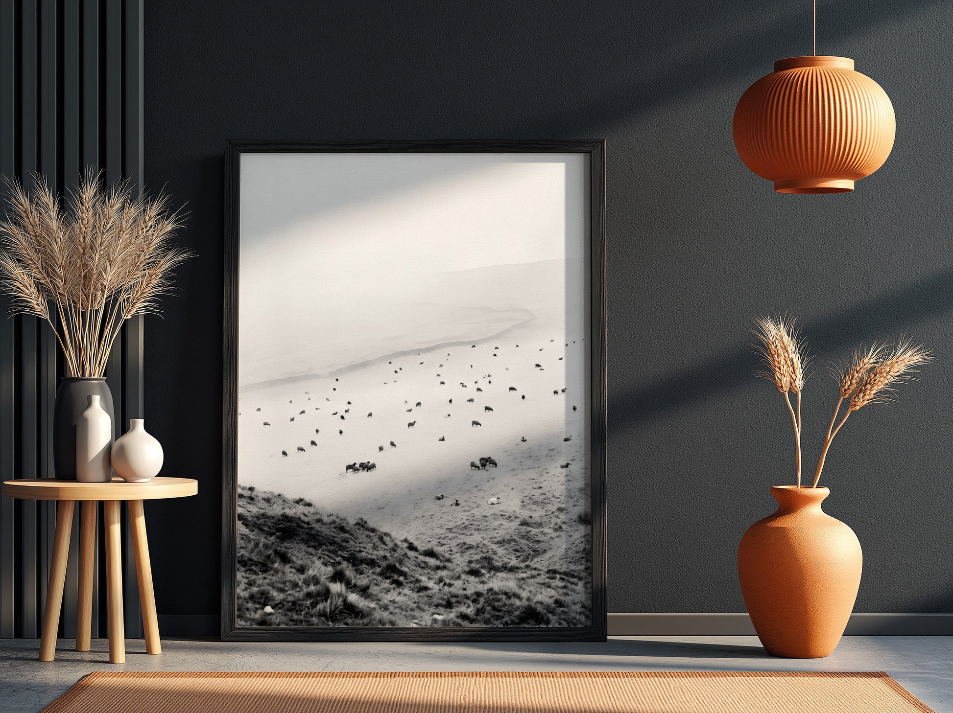 Wall decor black and white photo of sheep grazing on foggy misty hillside landscape