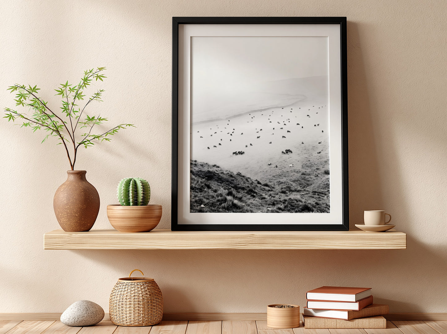 Wall decor black and white photo of sheep grazing on foggy misty hillside landscape