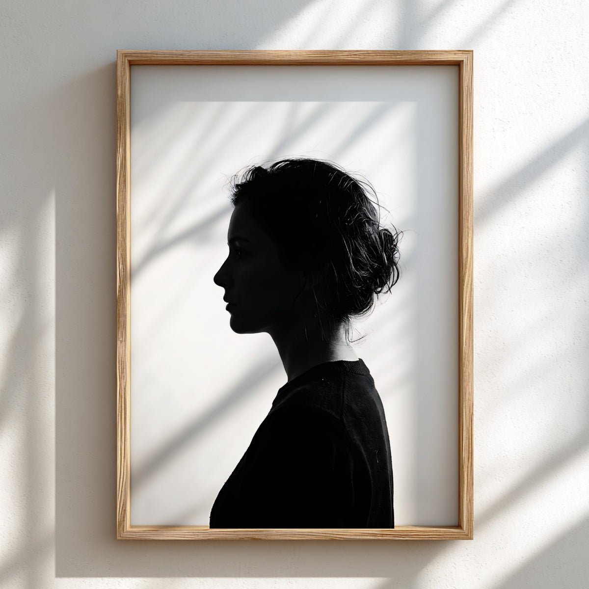Wall decor featuring a minimalist silhouette profile of a woman in black against bright white background with