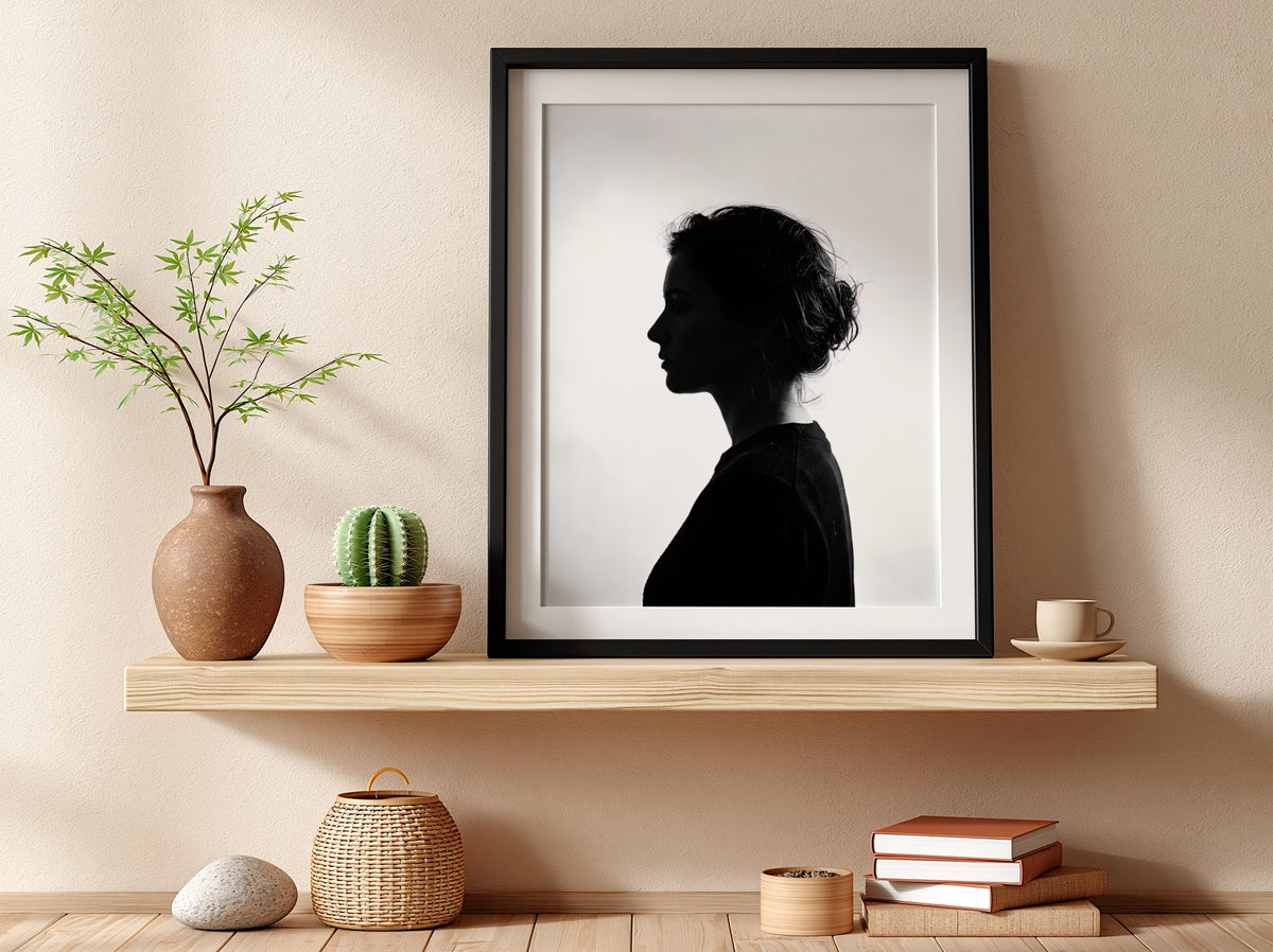 Wall decor featuring a minimalist silhouette profile of a woman in black against bright white background with