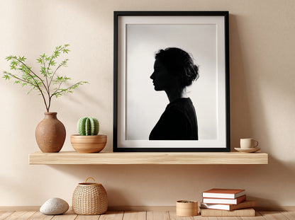 Wall decor featuring a minimalist silhouette profile of a woman in black against bright white background with