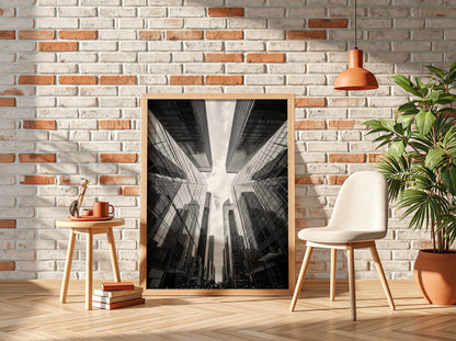 Wall decor featuring black-and-white urban photography of skyscrapers converging with reflective glass