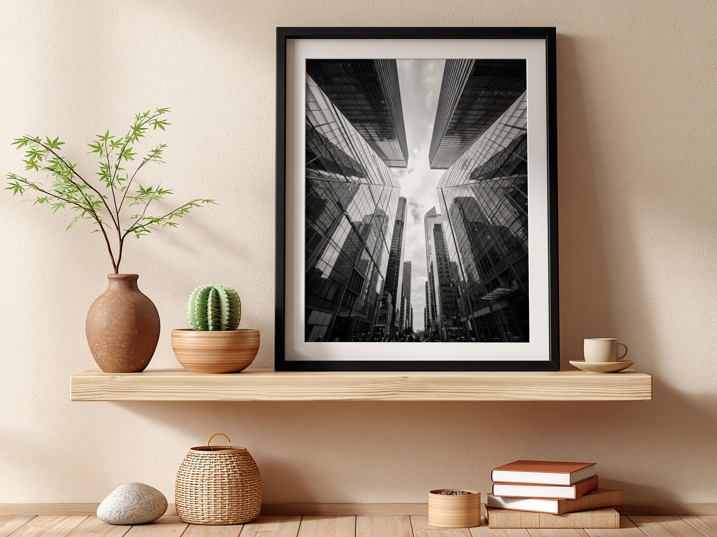 Wall decor featuring black-and-white urban photography of skyscrapers converging with reflective glass