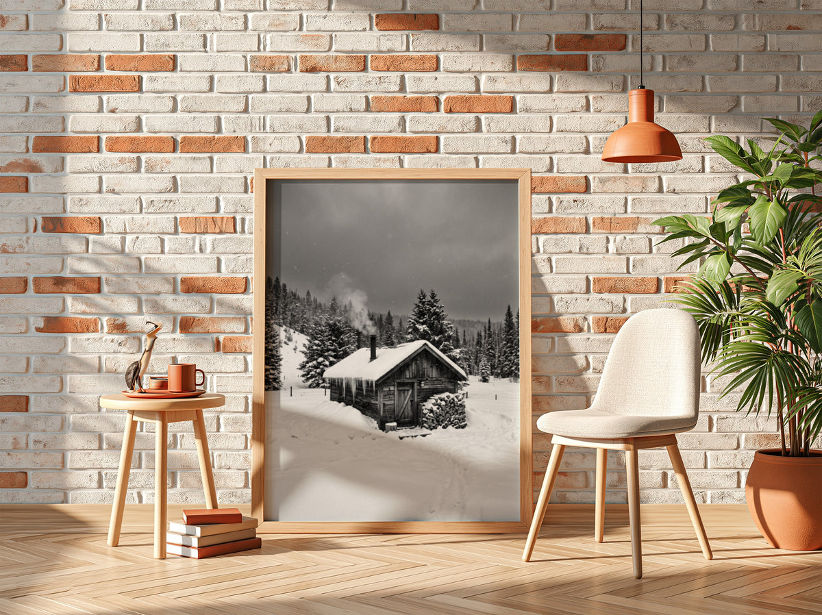 Wall decor showing snowy cabin with smoking chimney in grayscale winter forest landscape