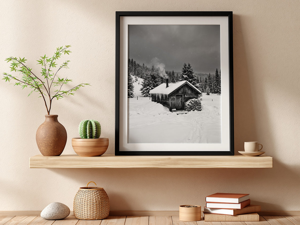 Wall decor showing snowy cabin with smoking chimney in grayscale winter forest landscape