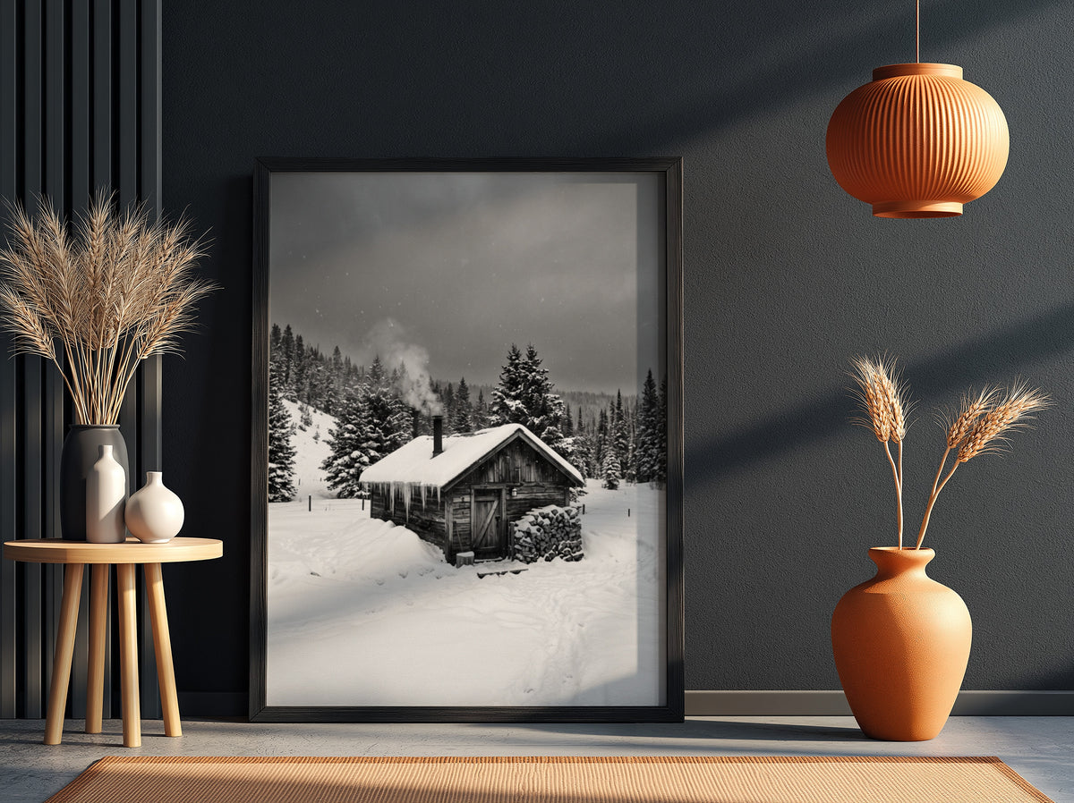 Wall decor showing snowy cabin with smoking chimney in grayscale winter forest landscape