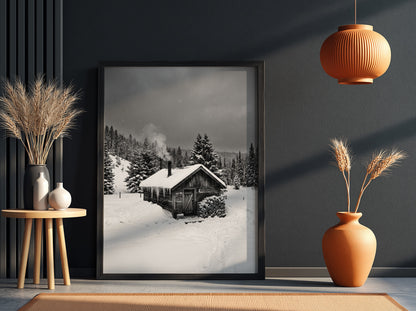 Wall decor showing snowy cabin with smoking chimney in grayscale winter forest landscape