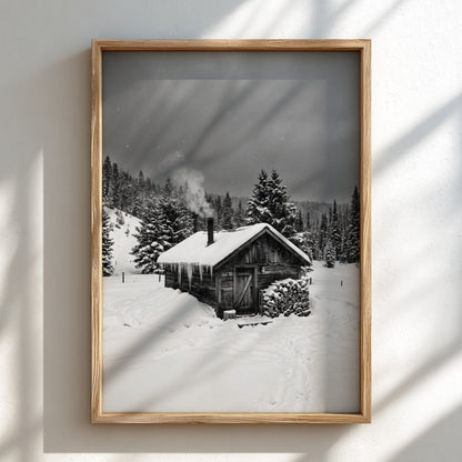 Wall decor showing snowy cabin with smoking chimney in grayscale winter forest landscape