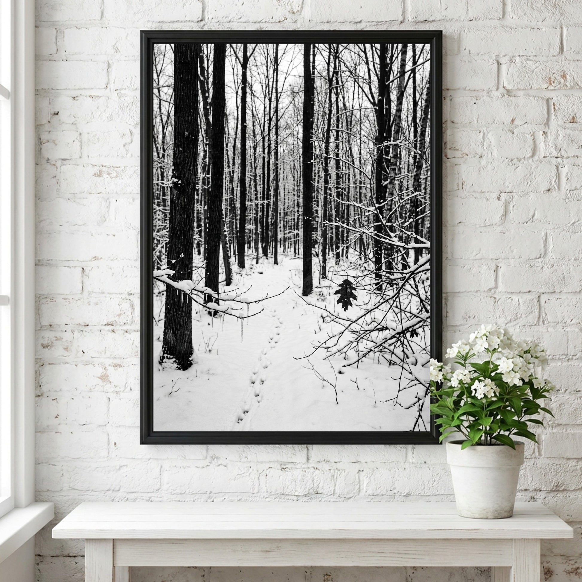 Framed wall decor showing a snowy forest winter landscape with tall bare trees and fresh white snow