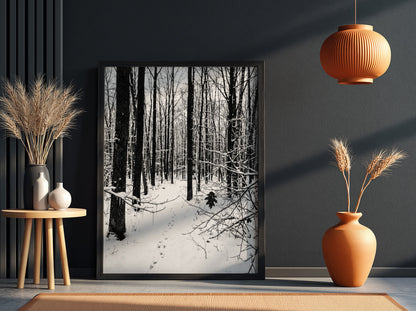Framed wall decor showing a snowy forest winter landscape with tall bare trees and fresh white snow