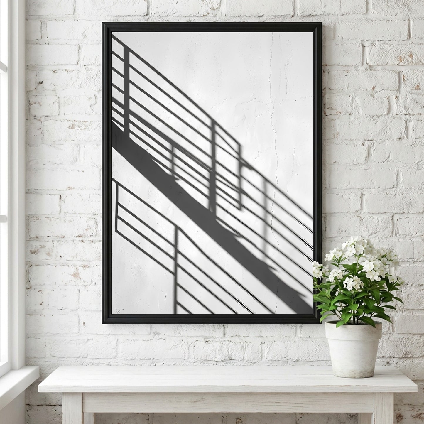 Poster featuring black spiral staircase shadows on white wall in minimalist modern style