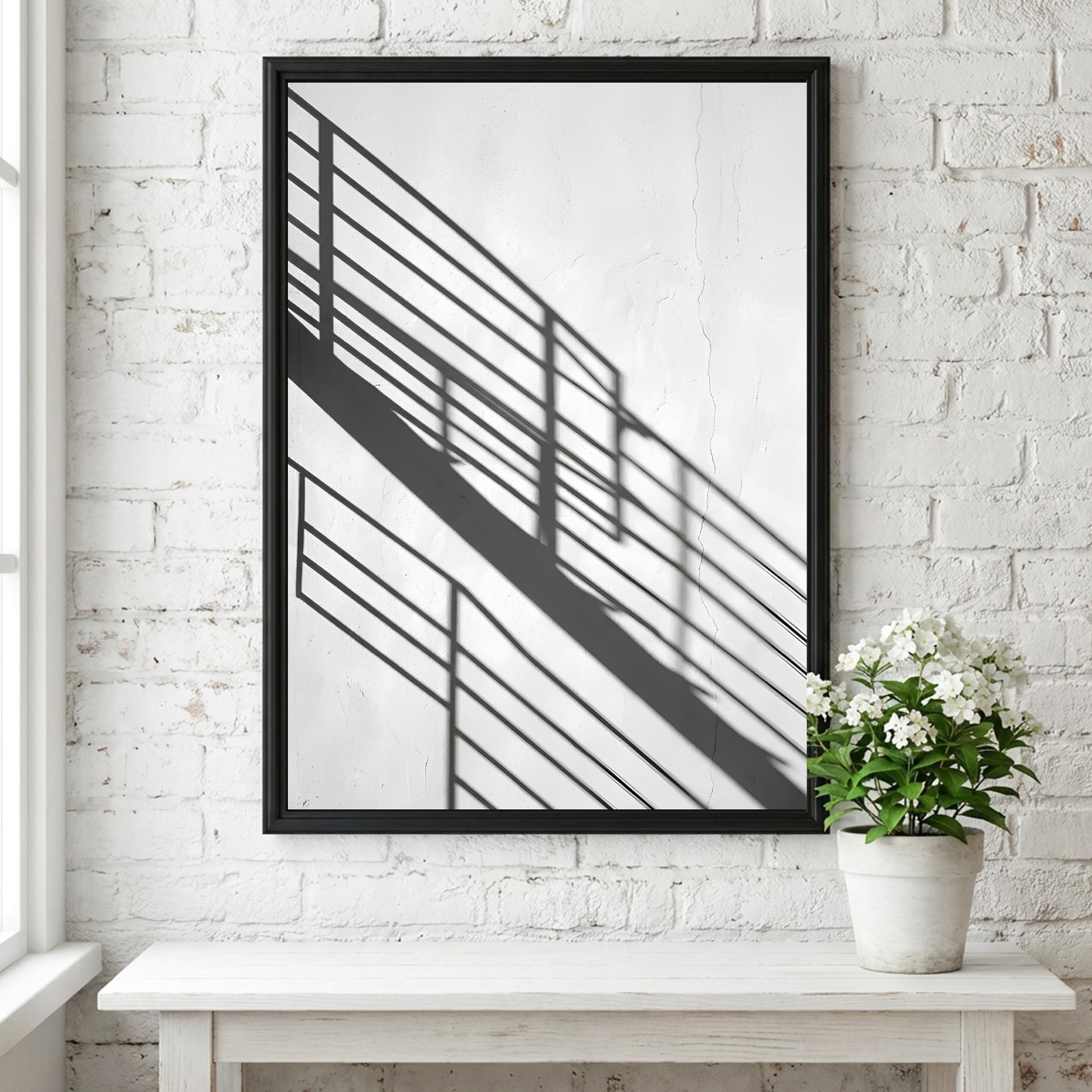 Poster featuring black spiral staircase shadows on white wall in minimalist modern style