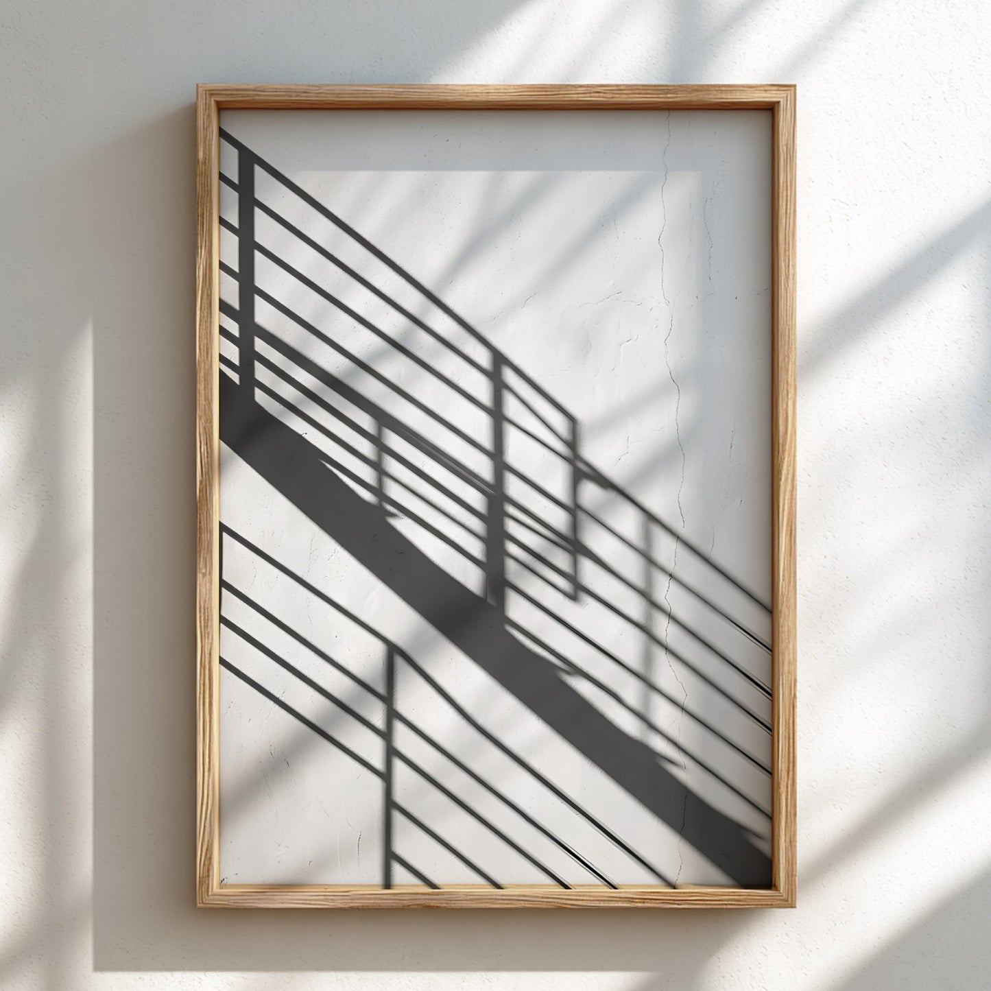 Poster featuring black spiral staircase shadows on white wall in minimalist modern style