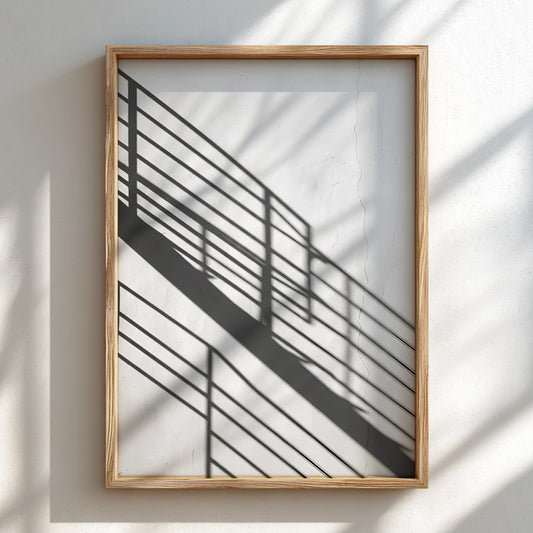 Poster featuring black spiral staircase shadows on white wall in minimalist modern style