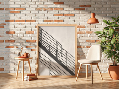 Poster featuring black spiral staircase shadows on white wall in minimalist modern style